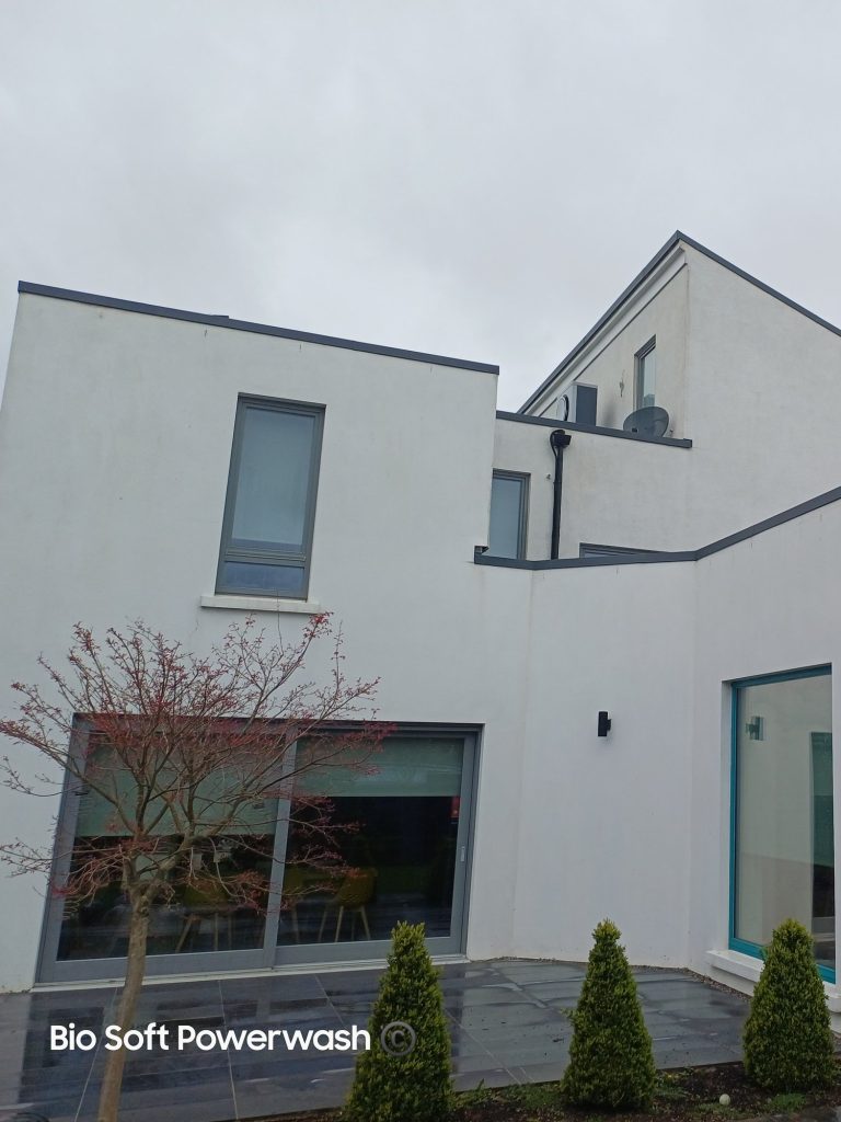 Modern white rendered house after a Gold Standard softwash in Cork